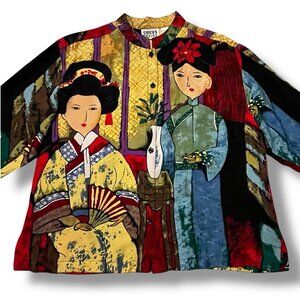 Chicos Silk Blouse Asian Ladies Silk Jacquard Artsy Boho Medium Geisha Vintage